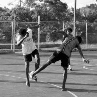 Young men from opposing teams try to tackle ball from each other.
Location: Behind Alfred Sangster Auditorium
Date: December 12,2025